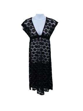 BOHO BLACK CROCHET LONG MAXI COVER-UP SWIM BEACH DRESS DEEP V-NECK CAP SLEEVES -